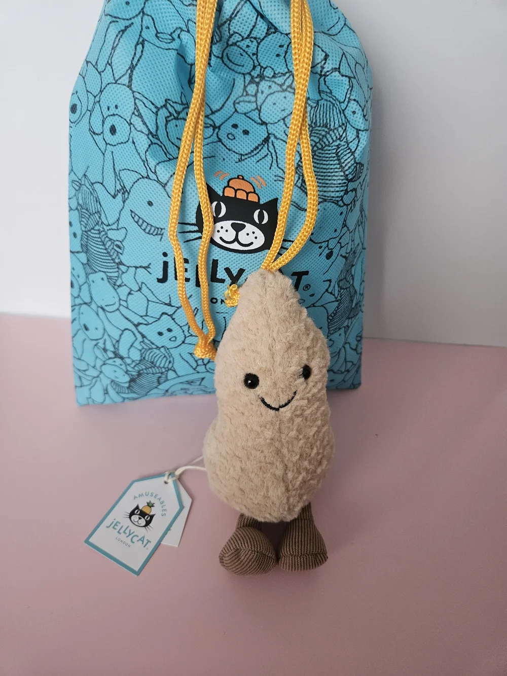 Jellycat Beige Smiley Plush Keyring with Brown Corduroy Feet